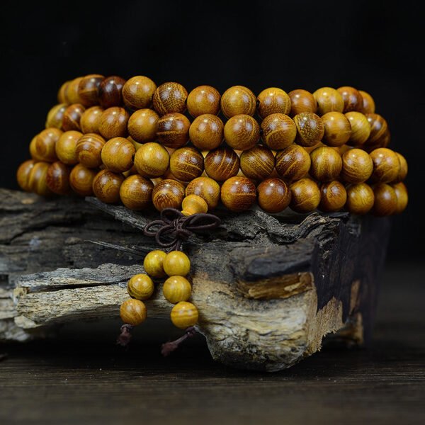 Natural gold sandalwood 108 beads Buddhist bracelet | Energy meditation rosary, men's and women's wooden bracelet, consecrated amulet accessories - Image 4